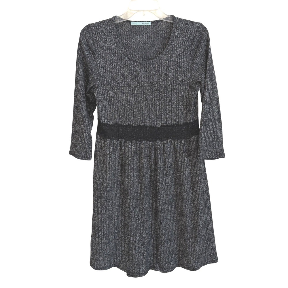 Maurices Womens Gray Ribbed Knit Lace Waist 3/4 Sleeve Fit Flare Dress Sz M NWOT